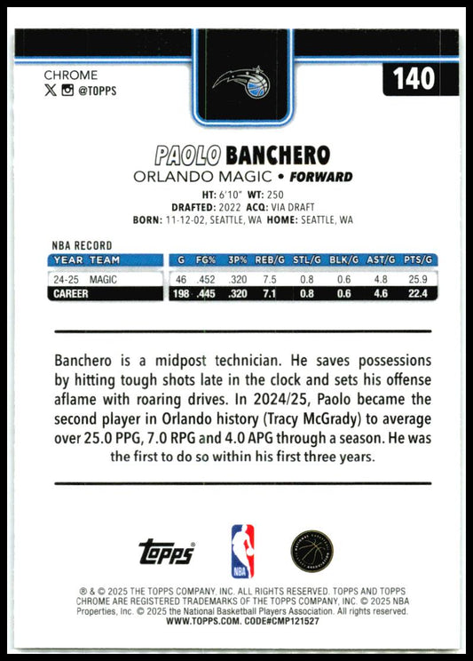 2025-26 Topps Chrome Basketball Refractor #140 Paolo Banchero Orlando Magic
