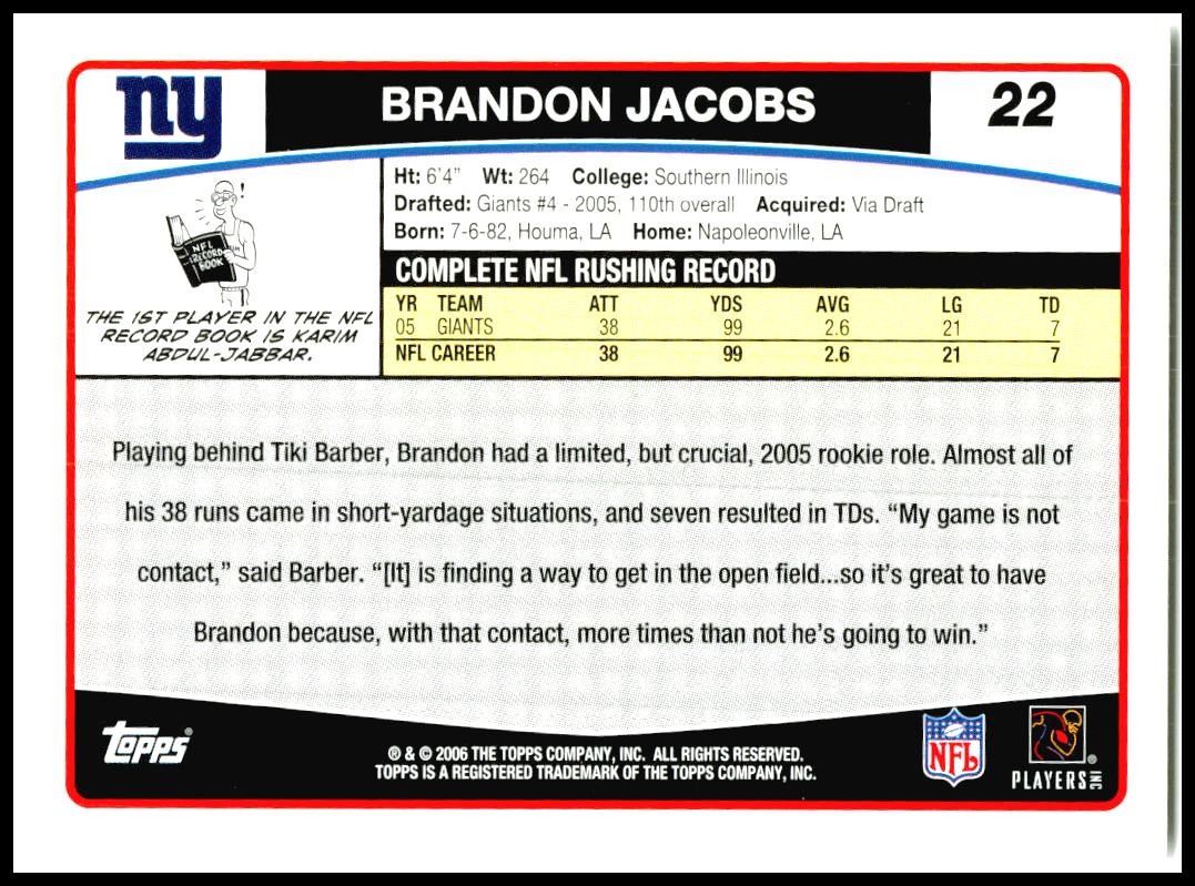 2006 Topps #22 Brandon Jacobs New York Giants