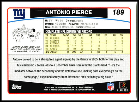 2006 Topps #189 Antonio Pierce New York Giants
