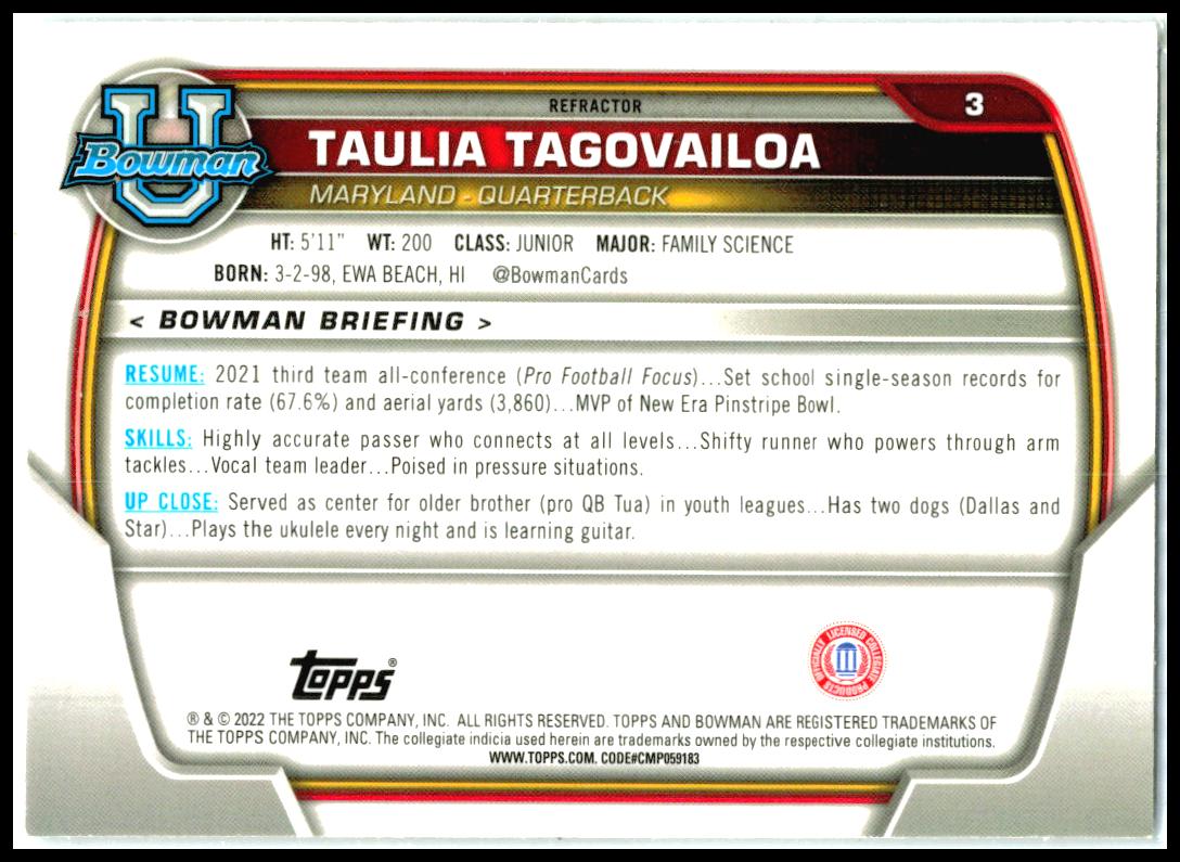 2022 Bowman University Chrome #3 Taulia Tagovailoa Maryland Terrapins