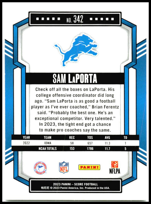 2023 Score #342 Sam LaPorta Rookie Detroit Lions