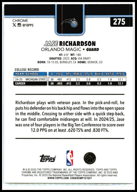 2025-26 Topps Chrome Red White and Blue #275 Jase Richardson Rookie Magic