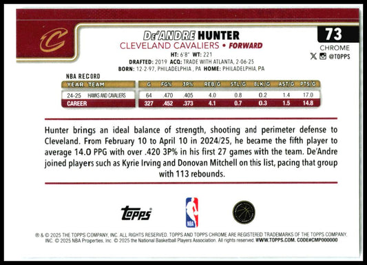 2025-26 Topps Chrome X-Fractor #73 De'Andre Hunter Cleveland Cavaliers