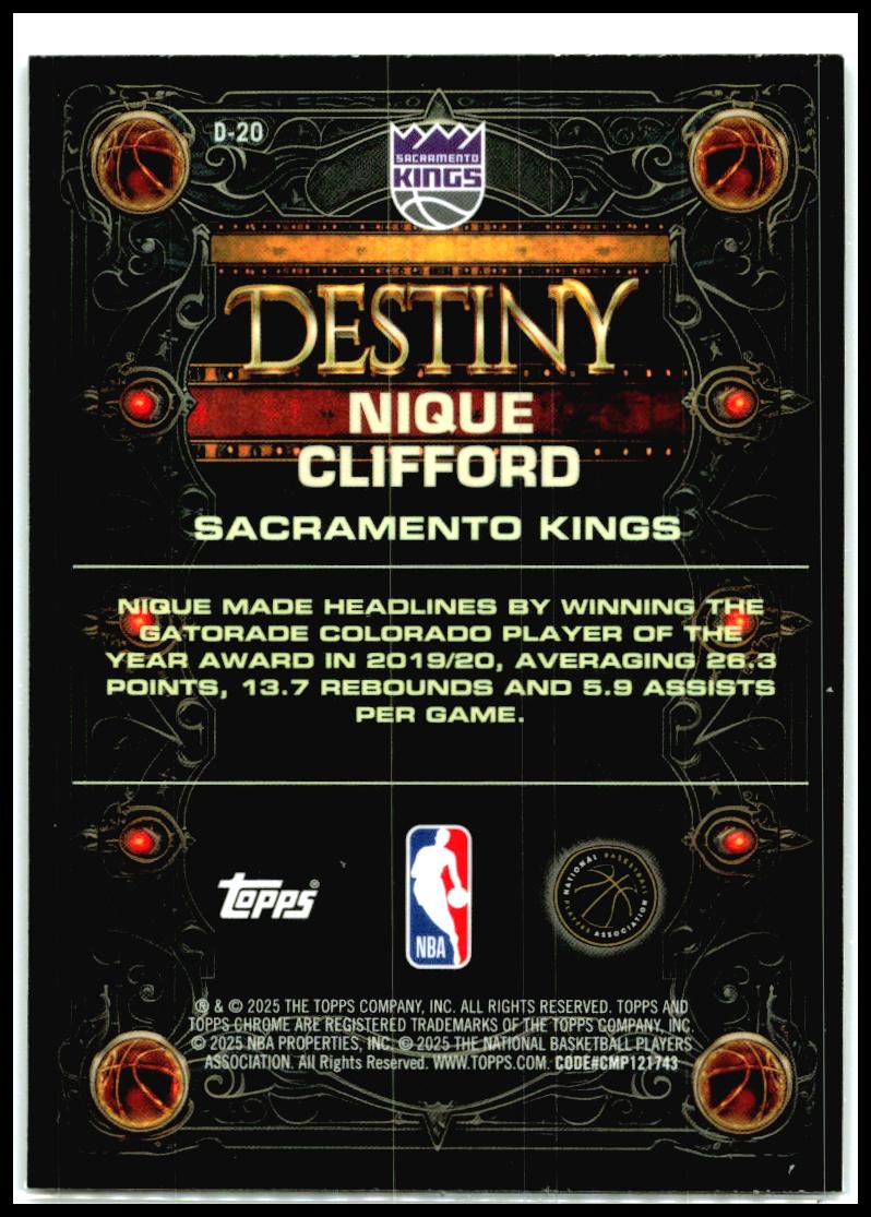 2025-26 Topps Chrome Destiny #D-20 Nique Clifford Sacramento Kings