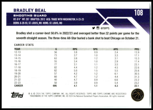 2023-24 Topps Chrome #108 Bradley Beal Phoenix Suns