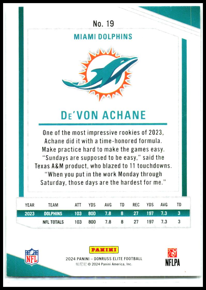 2024 Donruss Elite #19 De'Von Achane Miami Dolphins