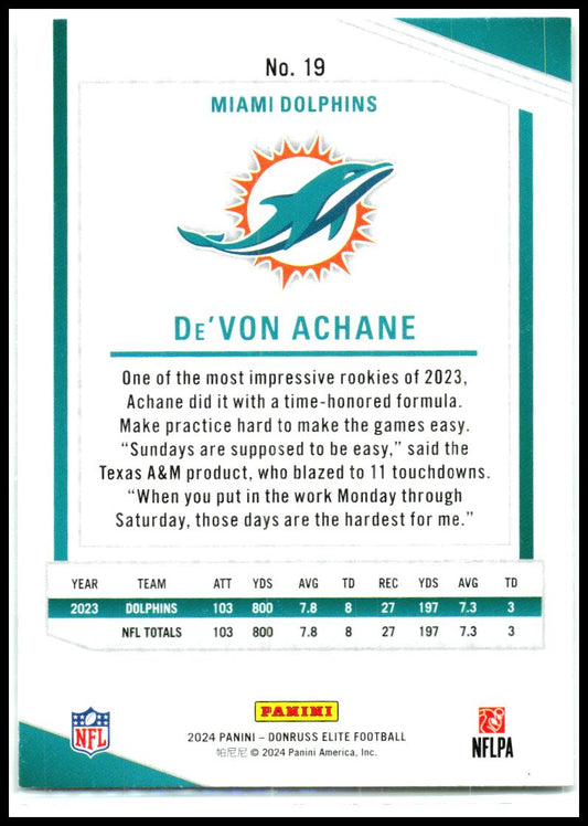 2024 Donruss Elite #19 De'Von Achane Miami Dolphins