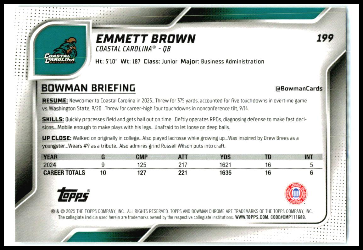 2025 Bowman University Chrome #199 Emmett Brown Coastal Carolina Chanticleers