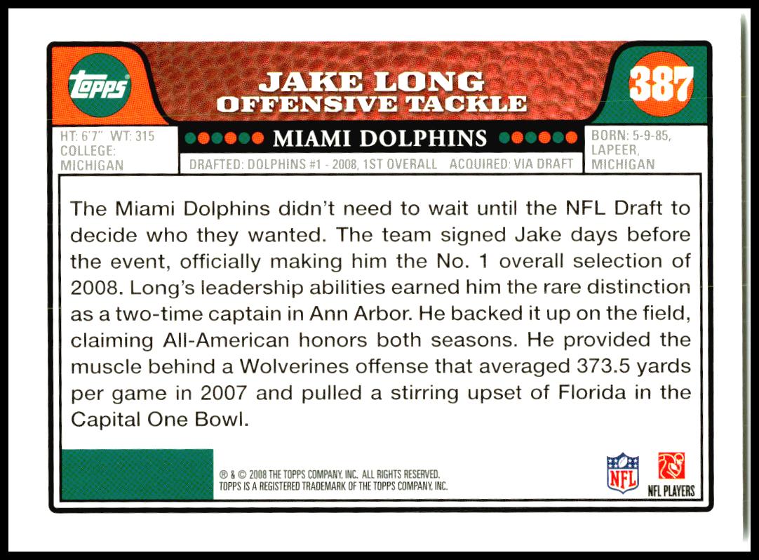 2008 Topps Kickoff #210 Jake Long Rookie Miami Dolphins