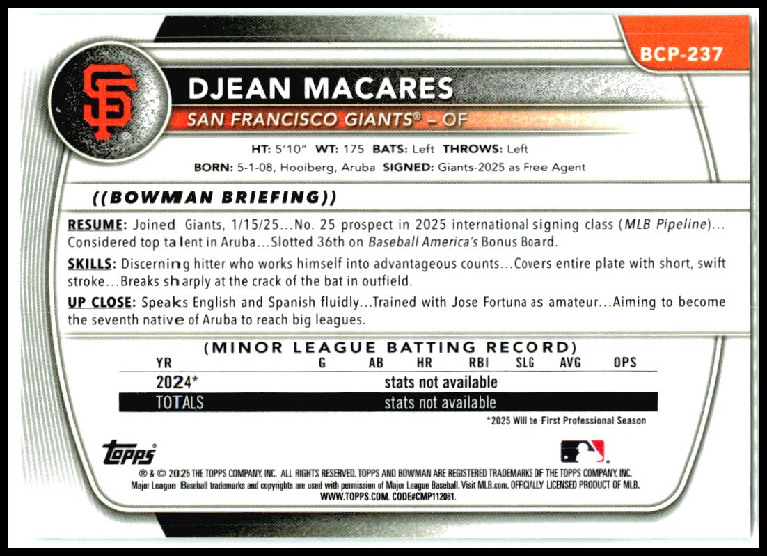 2025 Bowman Chrome #BCP-237 Djean Macares San Francisco Giants