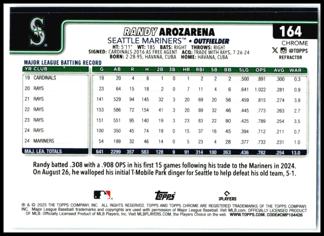 2025 Topps Chrome Refractors #164 Randy Arozarena Seattle Mariners