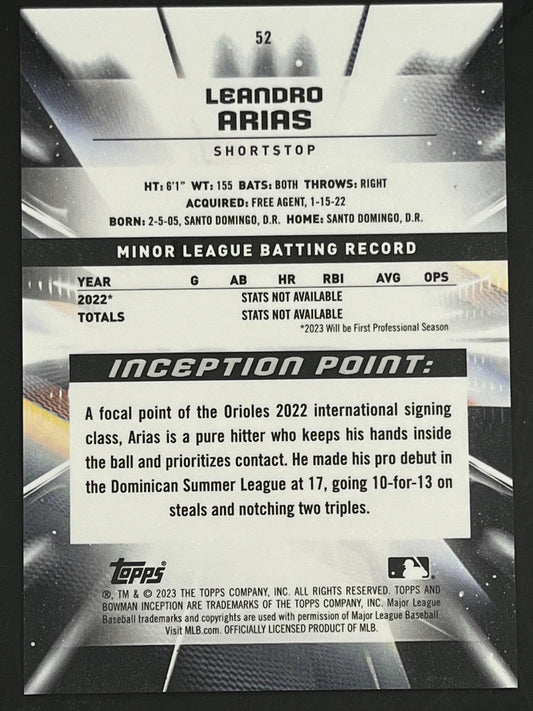 2023 Bowman Inception Blue Foil #52 Leandro Arias #/99 Baltimore Orioles