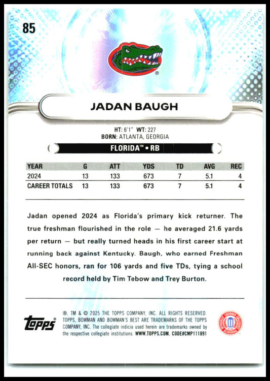 2025 Bowman University Best Gold #85 Jadan Baugh #/50 Florida Gators