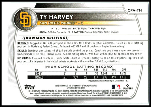 2025 Bowman Draft Chrome Prospect Autographs #CPA-TH Ty Harvey Auto Padres