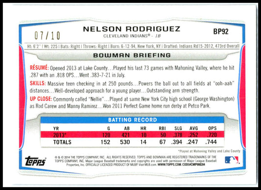 2014 Bowman Prospects Purple Ice #BP92 Nelson Rodriguez #/10 Cleveland Indians