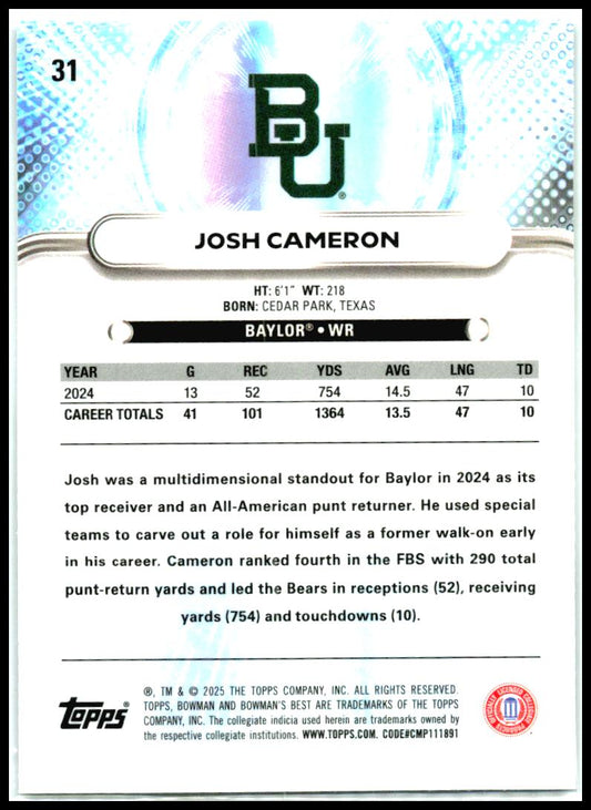 2025 Bowman University Best #31 Josh Cameron Baylor Bears
