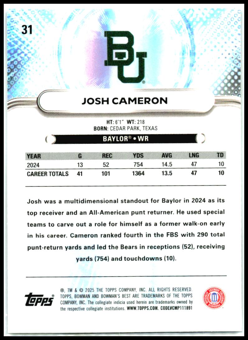 2025 Bowman University Best #31 Josh Cameron Baylor Bears