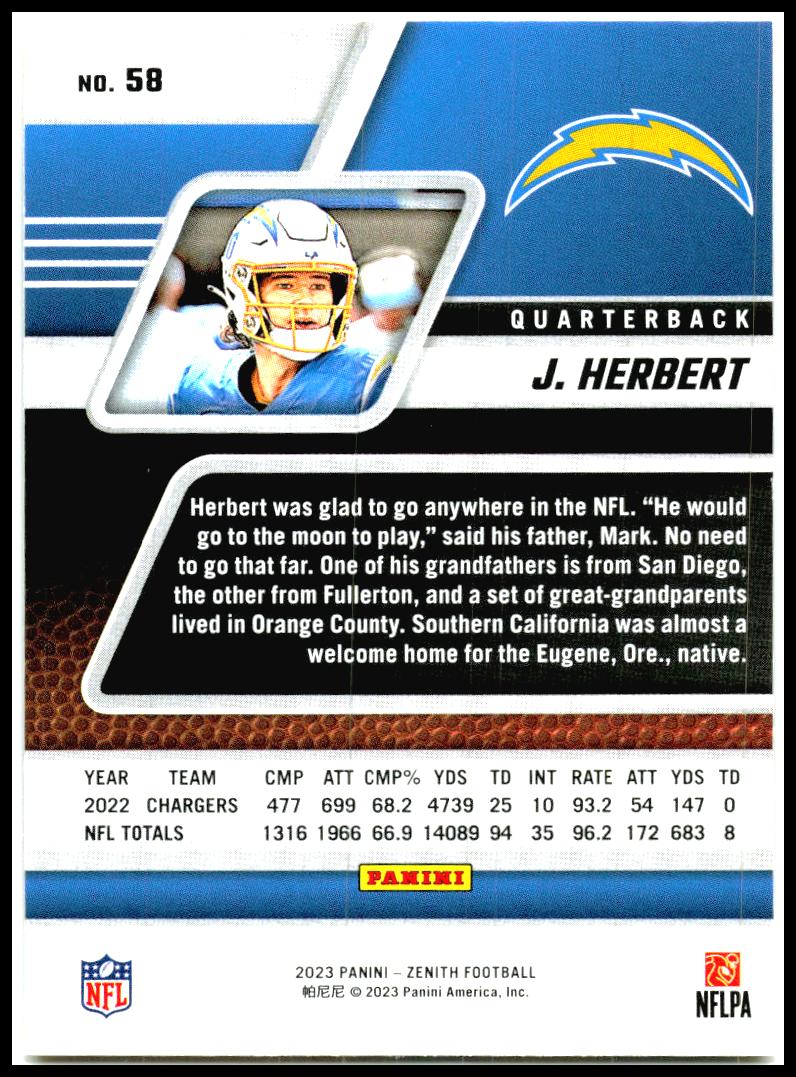2023 Panini Zenith #58 Justin Herbert Los Angeles Chargers