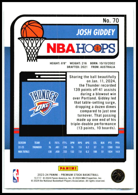 2023-24 Hoops Premium Stock #70 Josh Giddey Oklahoma City Thunder