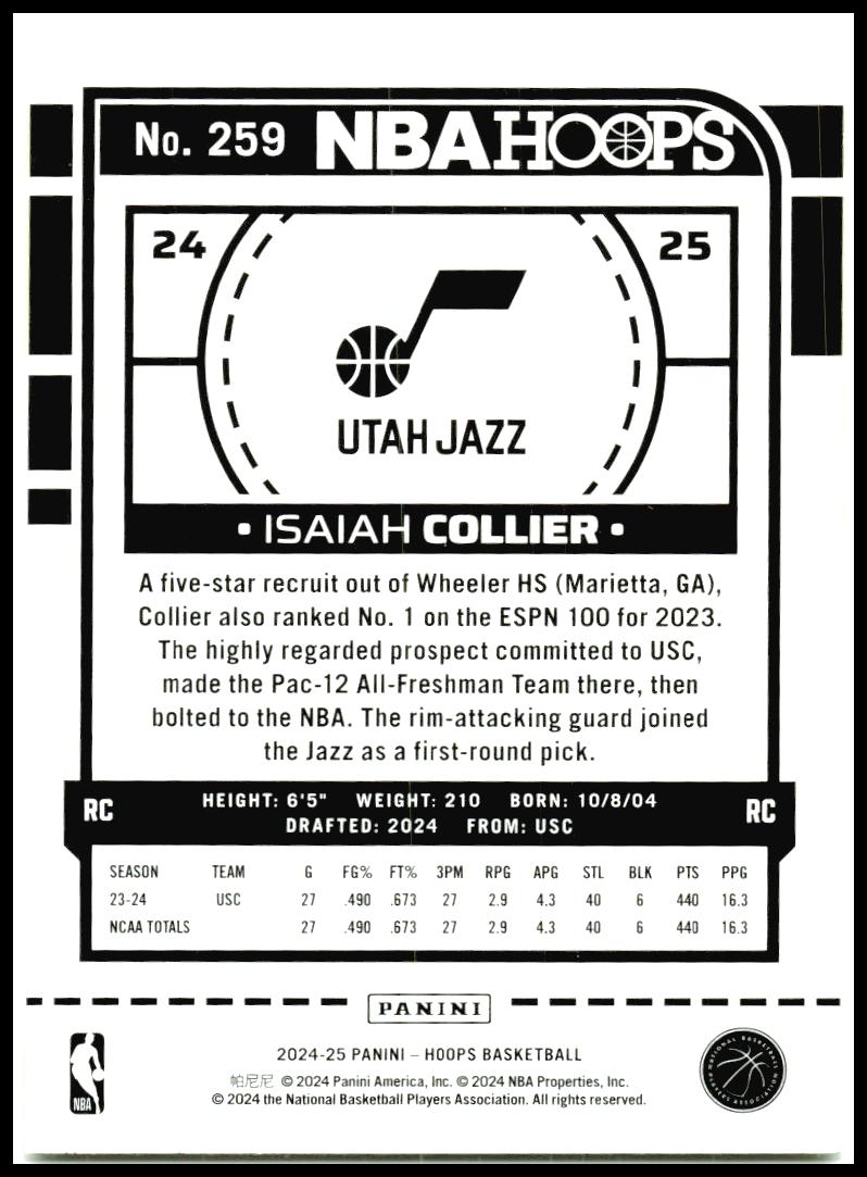 2024-25 Hoops Winter #259 Isaiah Collier Rookie Utah Jazz