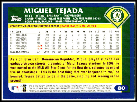 2003 Topps #77 Miguel Tejada Oakland Athletics