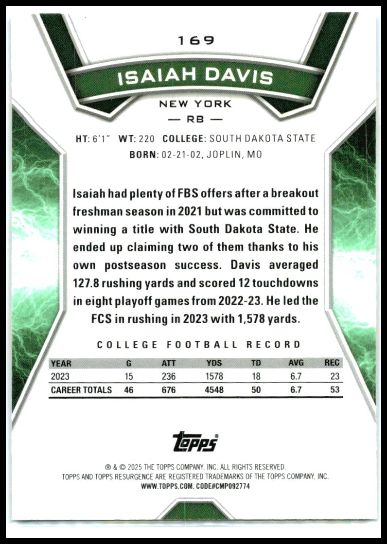 2024 Resurgence Blue & Orange Spark Refractor #169 Isaiah Davis Rookie Jets