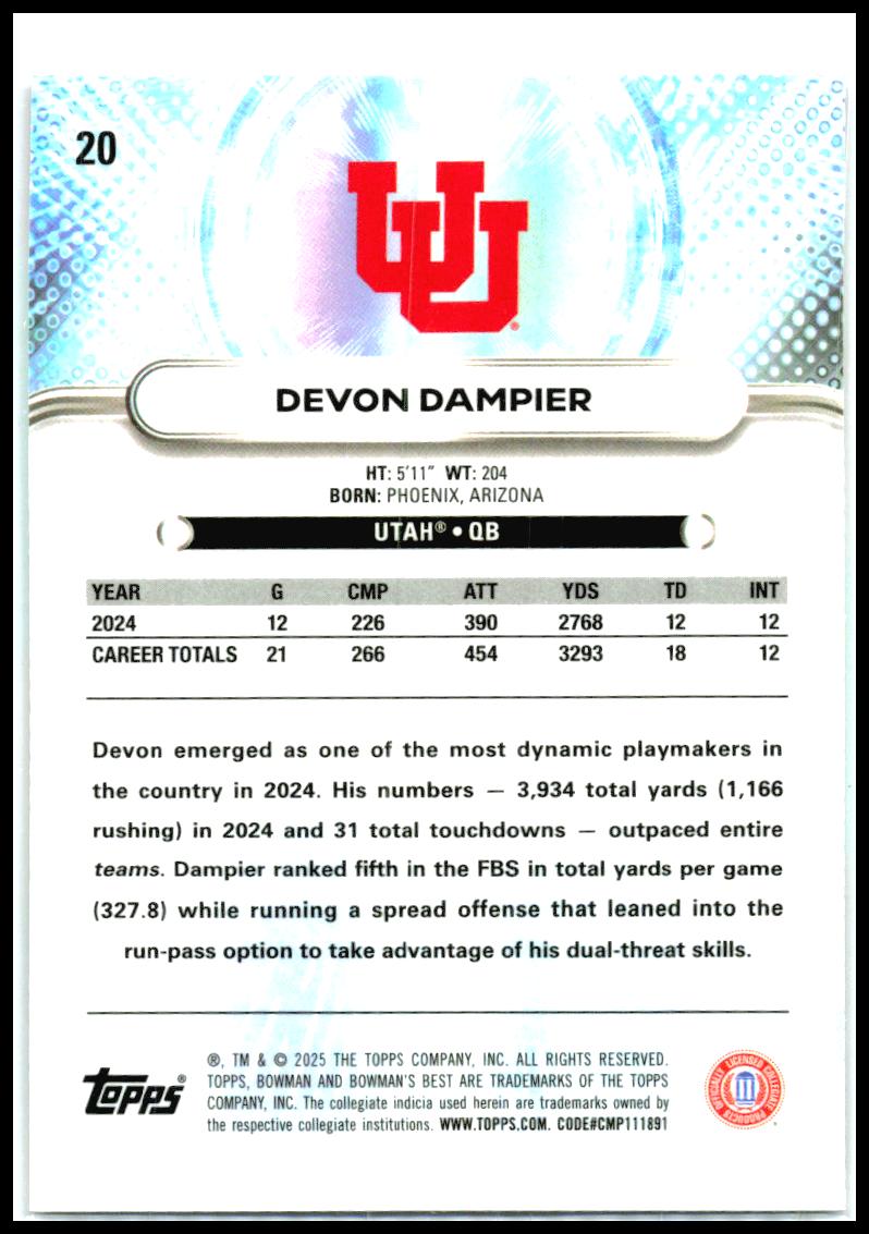 2025 Bowman University Best Aqua Lava #20 Devon Dampier #/199 Utah Utes