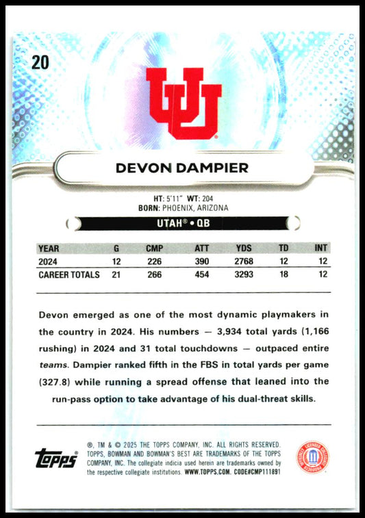 2025 Bowman University Best Aqua Lava #20 Devon Dampier #/199 Utah Utes