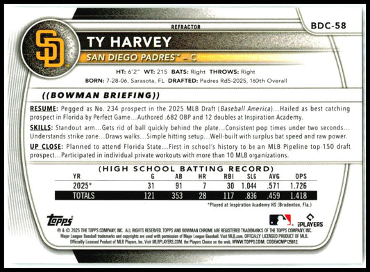 2025 Bowman Draft Chrome Refractor #BDC-58 Ty Harvey San Diego Padres