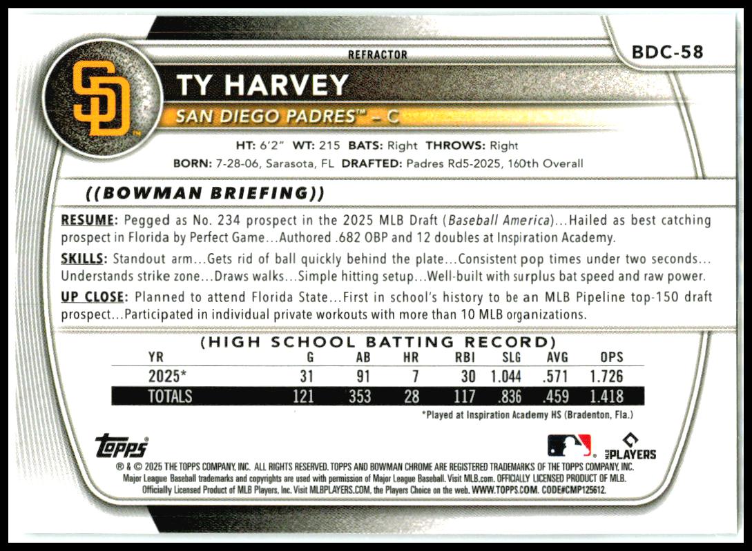 2025 Bowman Draft Chrome Refractor #BDC-58 Ty Harvey San Diego Padres