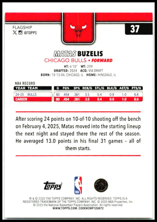 2025-26 Topps Gold Holo Foil #37 Matas Buzelis #/50 Chicago Bulls