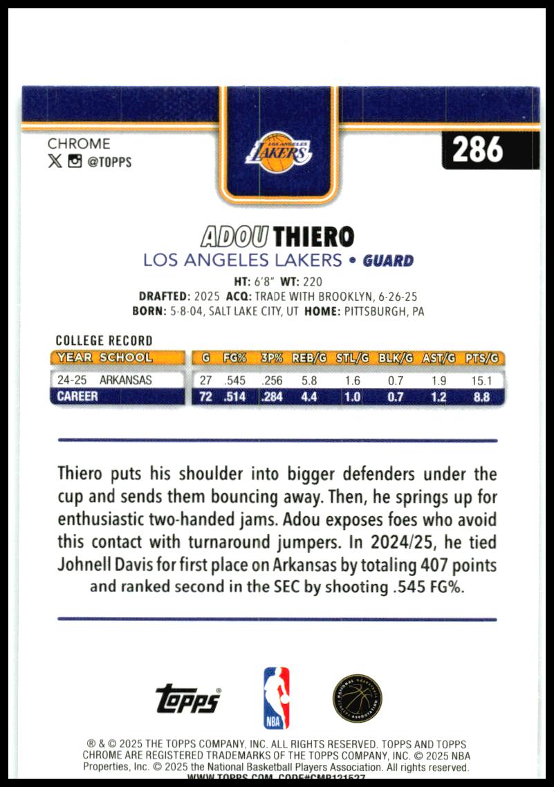 2025-26 Topps Chrome Prism Refractor #286 Adou Thiero Rookie Los Angeles Lakers