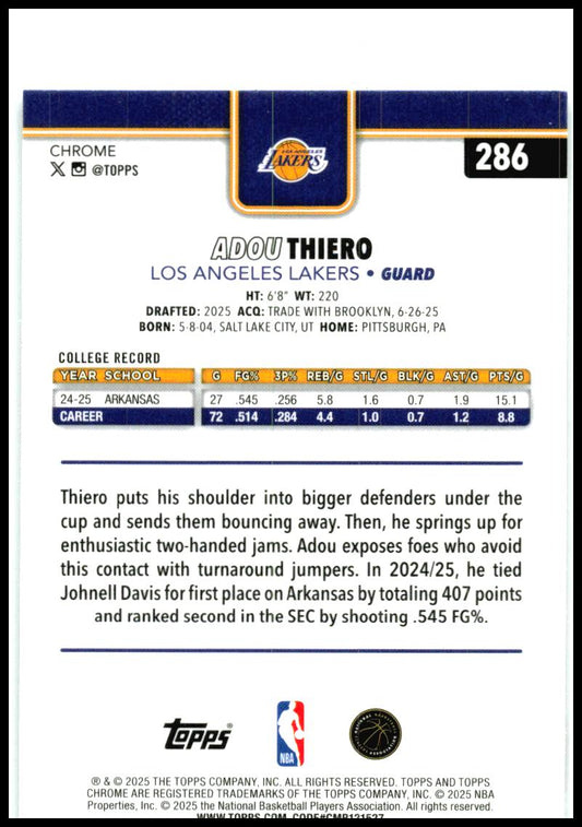 2025-26 Topps Chrome Prism Refractor #286 Adou Thiero Rookie Los Angeles Lakers