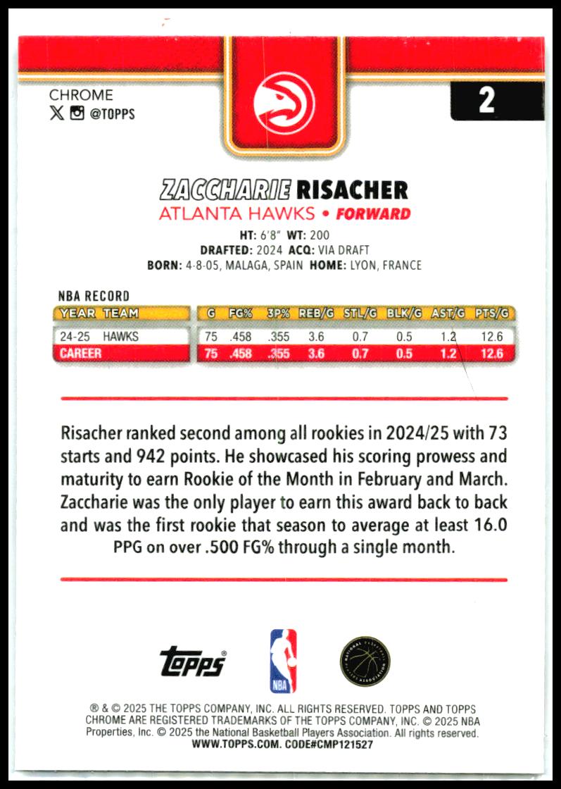 2025-26 Topps Chrome X-Fractor #2 Zaccharie Risacher Atlanta Hawks