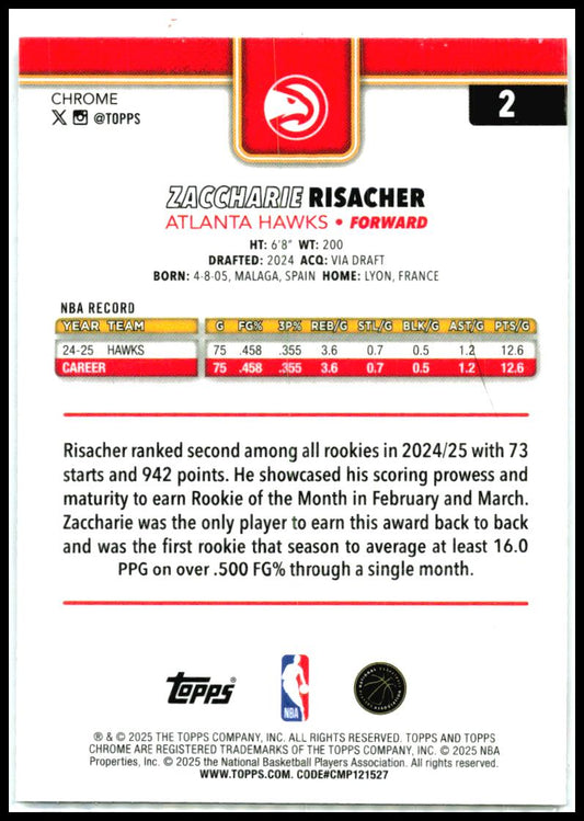 2025-26 Topps Chrome X-Fractor #2 Zaccharie Risacher Atlanta Hawks
