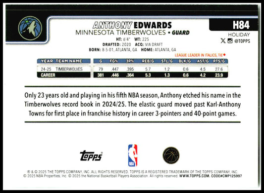 2025-26 Topps Holiday #H84 Anthony Edwards Minnesota Timberwolves