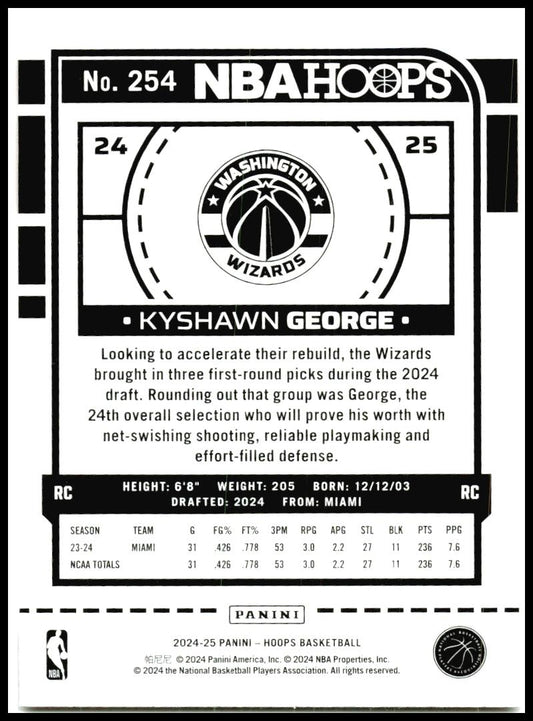 2024-25 Hoops #254 Kyshawn George Rookie Washington Wizards