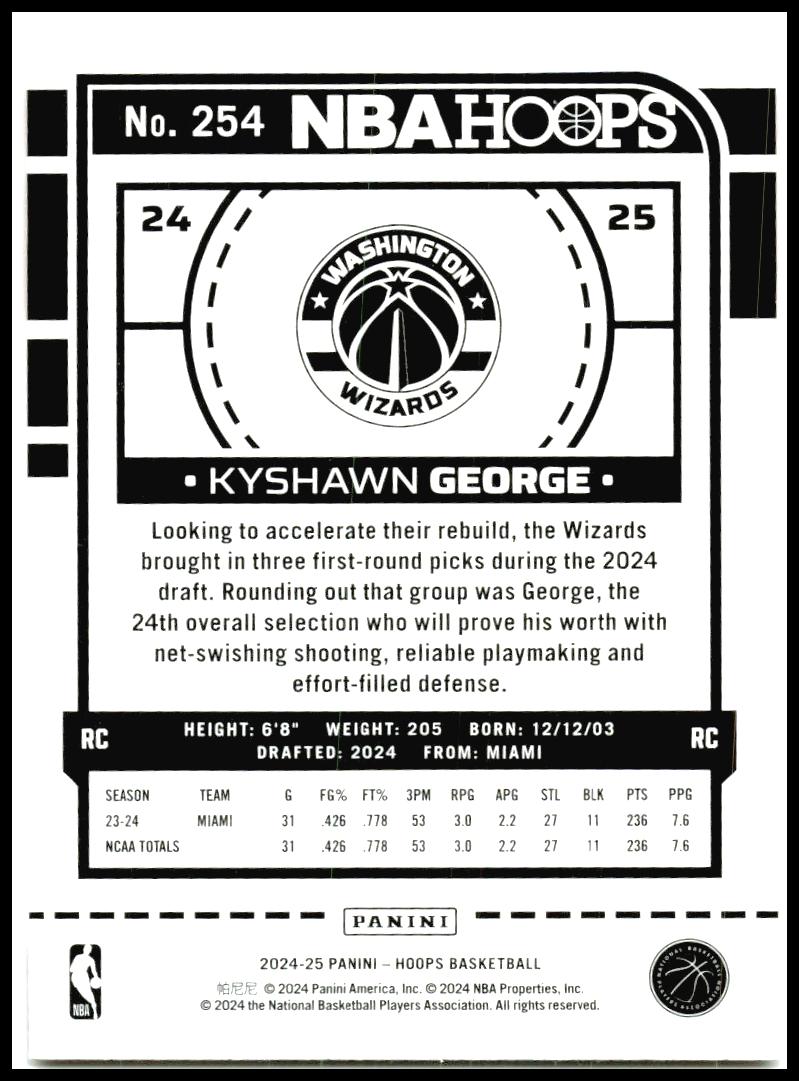 2024-25 Hoops #254 Kyshawn George Rookie Washington Wizards