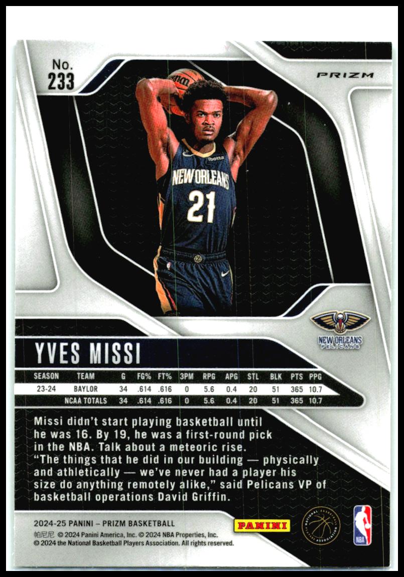 2024-25 Panini Prizm Prizms Green #233 Yves Missi New Orleans Pelicans