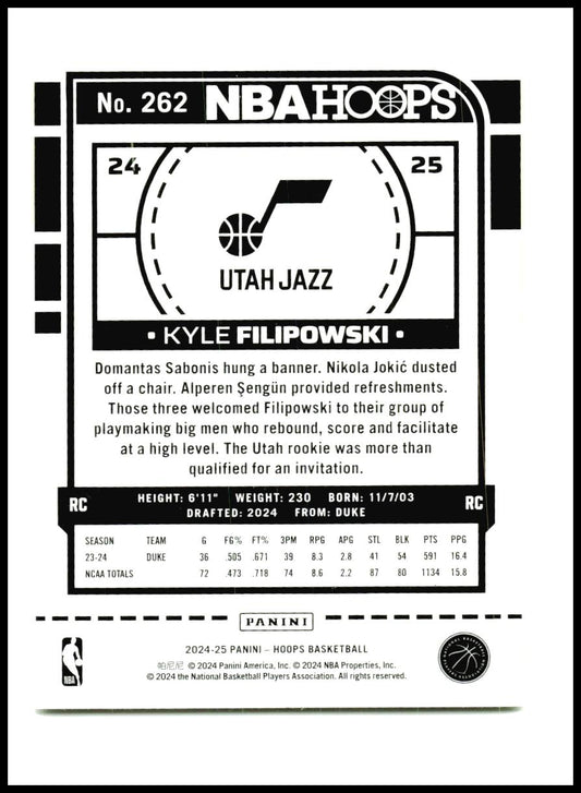 2024-25 Hoops #262 Kyle Filipowski Rookie Utah Jazz