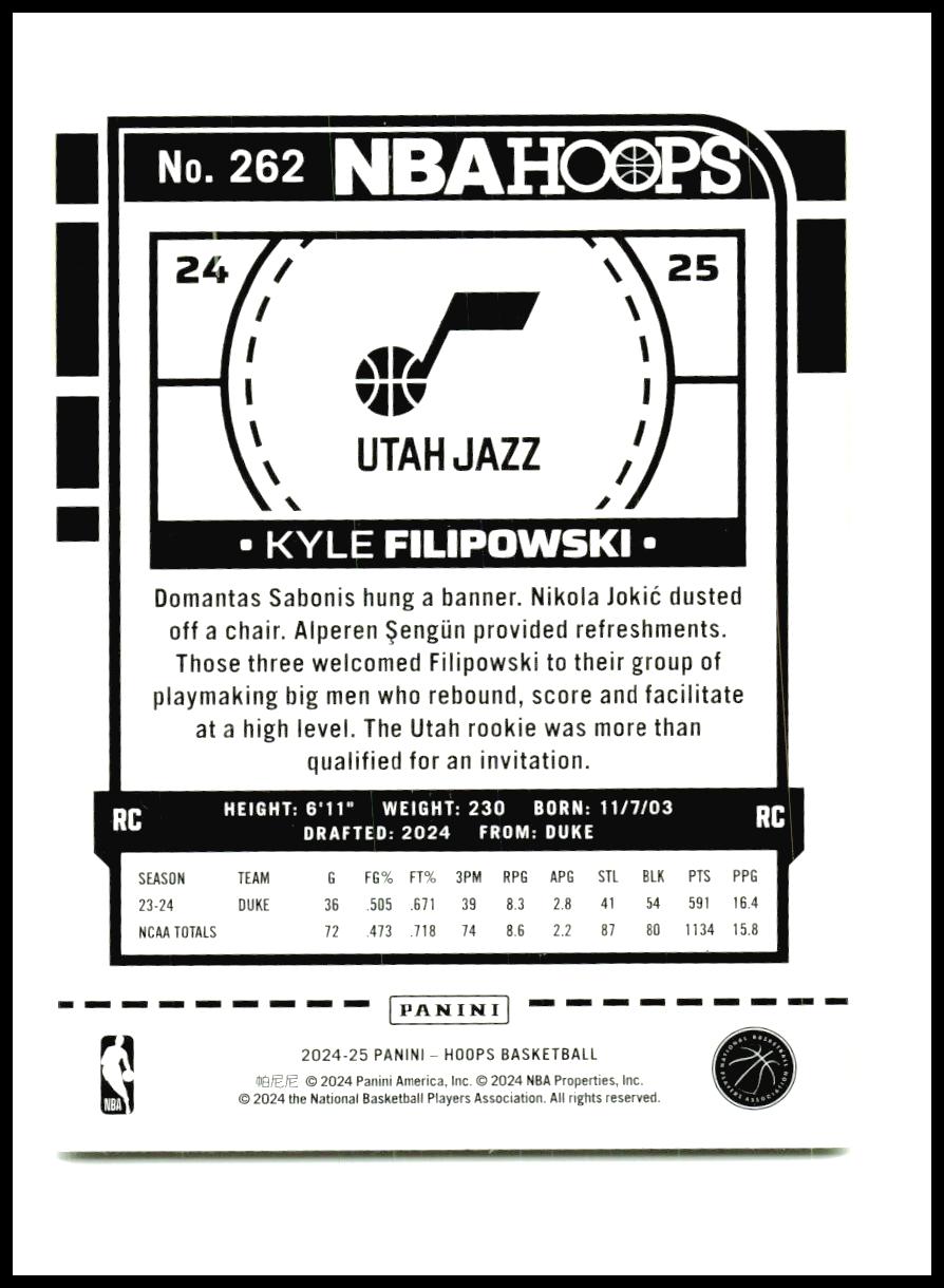 2024-25 Hoops #262 Kyle Filipowski Rookie Utah Jazz