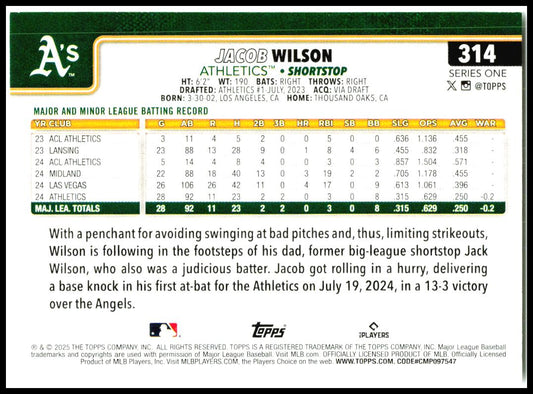 2025 Topps #314 Jacob Wilson Athletics