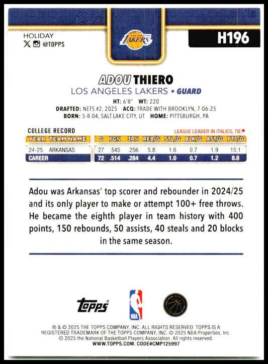 2025-26 Topps Holiday #H196 Adou Thiero Rookie Los Angeles Lakers