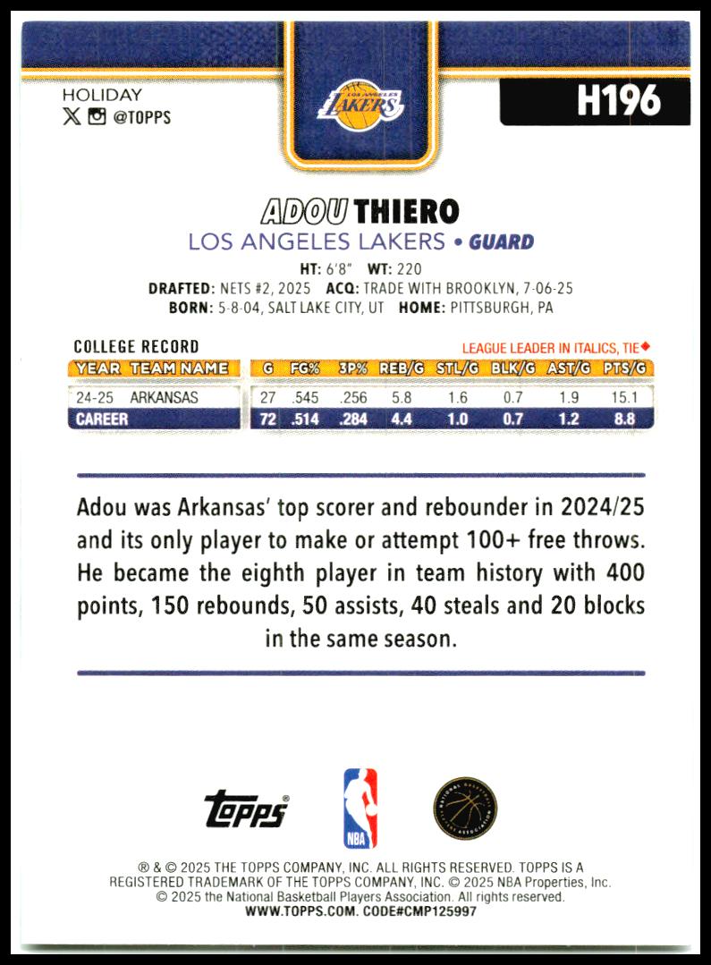2025-26 Topps Holiday #H196 Adou Thiero Rookie Los Angeles Lakers