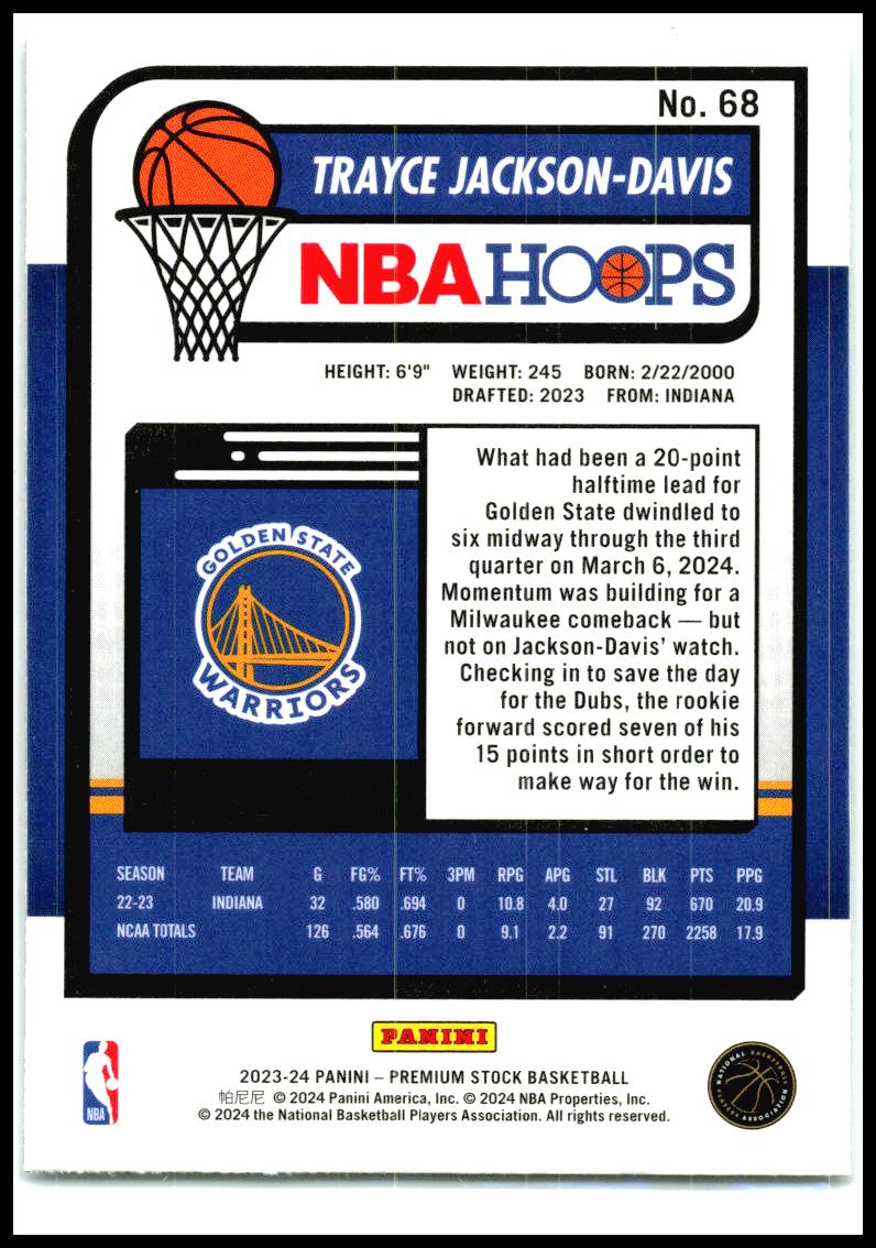2023-24 Hoops Premium Stock #68 Trayce Jackson-Davis Golden State Warriors