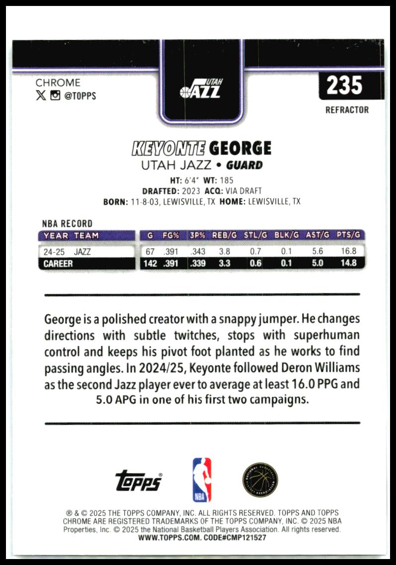 2025-26 Topps Chrome Refractor #235 Keyonte George Utah Jazz