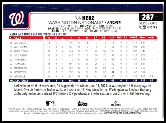 2025 Topps #287 DJ Herz Rookie Washington Nationals