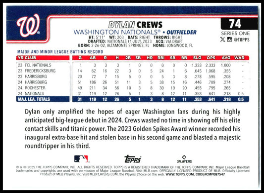 2025 Topps #74 Dylan Crews Rookie Washington Nationals
