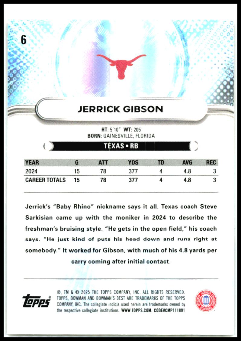 2025 Bowman University Best #6 Jerrick Gibson Texas Longhorns