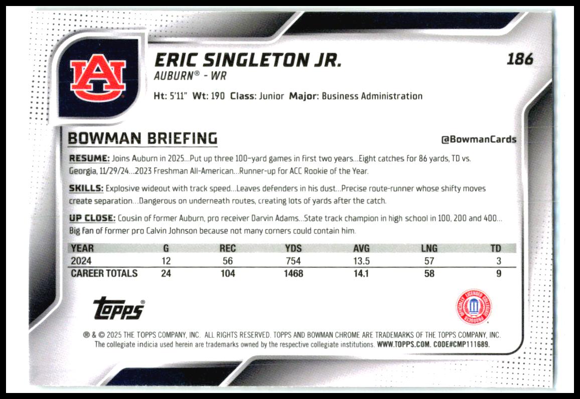 2025 Bowman University Chrome Refractor #186 Eric Singleton Jr. Auburn Tigers